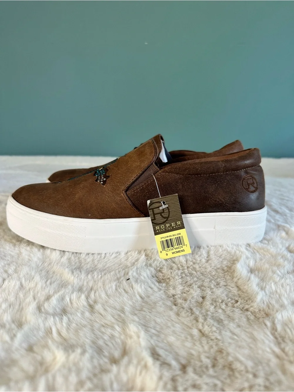 Roper Western Slip-On Sneakers Brown Turquoise Cross Studded Women’s 9